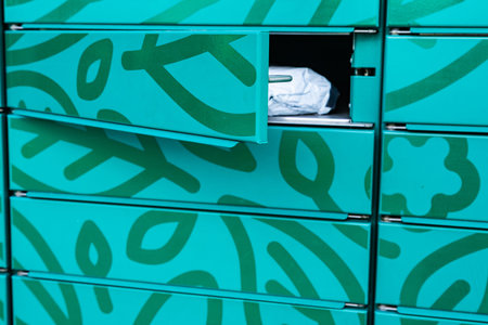 A package in a green parcel locker. A concept for online shopping and logistics. Automated delivery and pickup of parcels. Poland