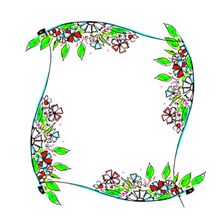 Colorfull frame for text, photo, account, holliday, invitation isolated on the white background, flowers and green leafsのイラスト素材