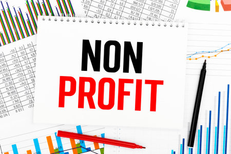 Text NON PROFIT on note pad, chart, graph, pen. Accounting concept. Flat lay.の写真素材
