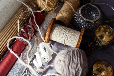 Thread reel, paper, candlestick, tape, roll.の写真素材