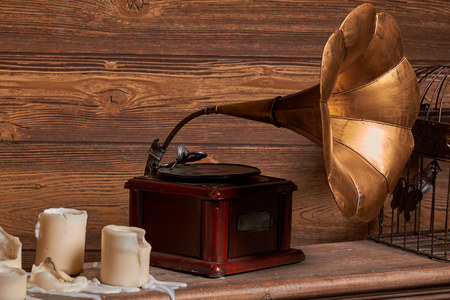 Brass gramophone./Gold, Audio Equipment, Single Object, Speaker, Wood - Materialの写真素材
