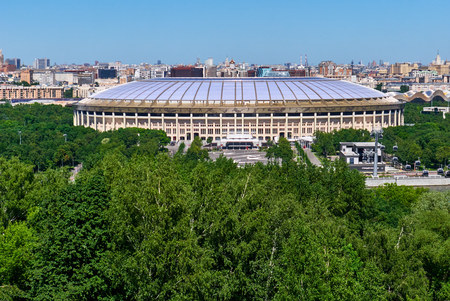 Moscow skyline with arena. Aerial view. Stadium, Built Structure, Capital Cities, City, Cityscapeのeditorial素材