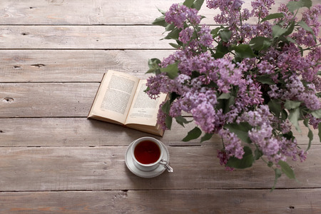Bunch of lilac, books and teacup. Flower, Tea - Hot Drink, Picture Frame, Lilac - Flower, Tea Cupの写真素材
