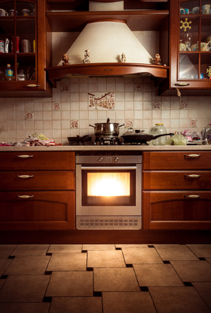 Interior photo of country style kitchen with hot ovenの写真素材
