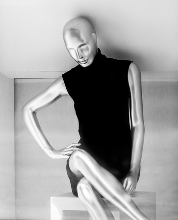 Black and white photo of female mannequin in dressの写真素材