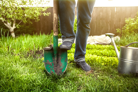 Closeup photo of man holding foot on shovel at garden at sunny dayの写真素材