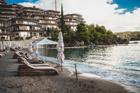 Beautiful view on luxury resort at sea beach at sunriseの写真素材