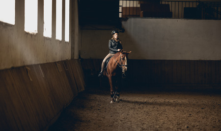 Young woman doing horseback riding in indoor manegeの写真素材
