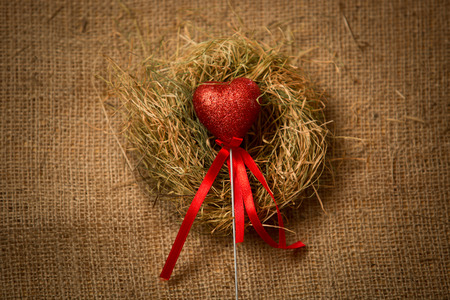 Decorative red heart on stick with ribbon in birds nestの写真素材