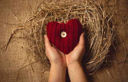 Closeup photo of woman holding red knitted heart at nest against linen backgroundの写真素材