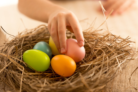 Child taking painted Easter eggs from the nestの写真素材
