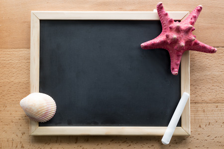 Closeup shot of seashells and starfish lying on blank blackboardの写真素材