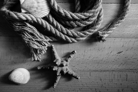 Black and white closeup shot of old rope and seashells lying on wooden deskの写真素材