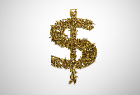 Concept of bloody money. Dollar sign made of riffle bullets on white background.の写真素材