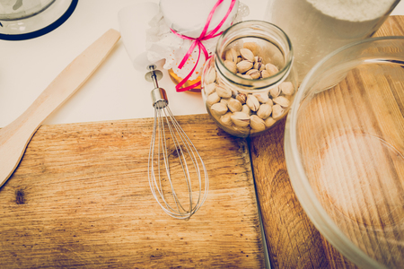 View from top on utensils and ingredients for baking on desk