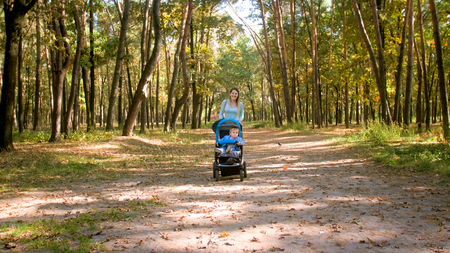 Happy smiling woman walking in park with baby sitting in pramの写真素材