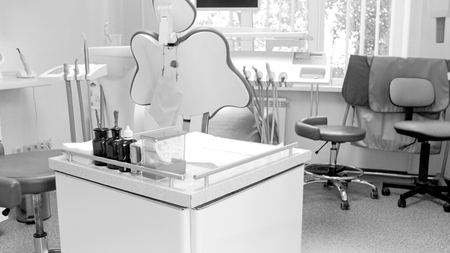 Black and white image of interior in dental clinicの写真素材