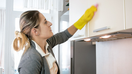 Portrait of beautiful young housewife washing cupboards with cloth