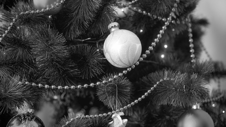 Black and white photo of beautiful decorated Christmas treeの写真素材