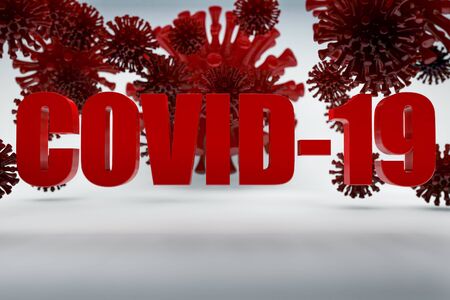3D render of Coronavirus model and COVID-19 banner. Background for world virus pandemy of coronavirus 2019-nCov on white background.の写真素材