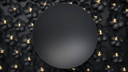3d render of black round plate on black flowers. Perfect mockup for placing your text. Black and golden colours. Copy space backgroundの写真素材