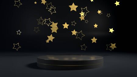 3d rendering of golden stars flying over golden round stage, pedestal or podium in black interior. Perfect illustration for placing your product of object on podium. Abstract minimalist backdrop or mockup for celebrationsの写真素材