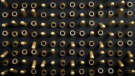 3d rendered abstract image of golden cylinders and shapes over black background. Perfect...