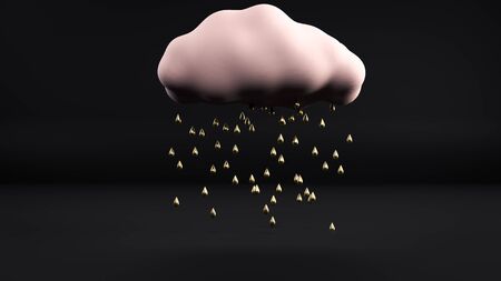 3d render of golden rain going from pink cloud flying in black interior. Abstract minimalist illustrationの写真素材