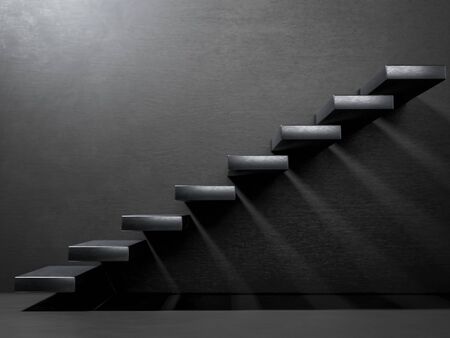 Black stairs on wall in dark interior. Business growth, progress and achievement creative concept. Minimalist 3D renderの写真素材