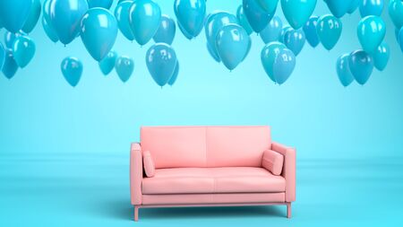 3d render of pink sofa in blue interior with flying blue balloons in the air. Concept of happiness, holidays and celebrations at home.の写真素材