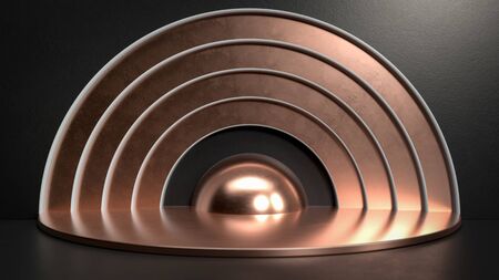 3d render of copper metal stage, pedestal or podium in black studio. Perfect illustration for placing your product of object on podium. Abstract minimalist backdrop or mockupの写真素材