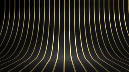 3d rendering of golden curved stripes or lines over black background. Perfect illustration for placing your text or object. Backdrop with copyspace in minimalistic styleの写真素材