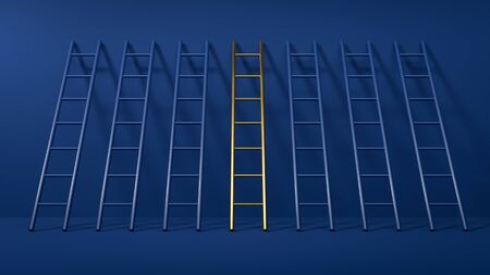 One golden ladder among other blue ladders in blue empty room. Concept of inspiration,success, leadership and business achievement. 3D illustration.の写真素材