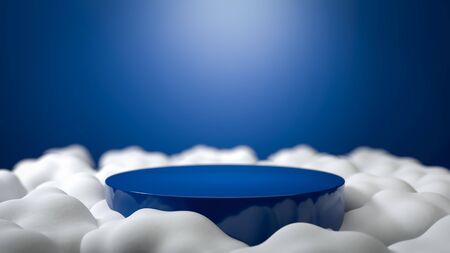 BLue round stage, podium or pedestal flying in the clouds at sky. Perfect illustration for placing your product of object on podium. Abstract minimalist backdrop or mockup. 3d renderの写真素材