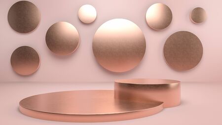 Golden stage, pedestal or podium over pink pastle background and copper circles and cylinders in...