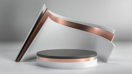 Abstract minimalistic scene with black,white and golden podium, stage or pedestal in white studio....