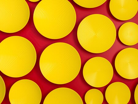 Abstract scene with yellow round disk or plates over red background. Polka dot pattern. 3d illustrationの写真素材
