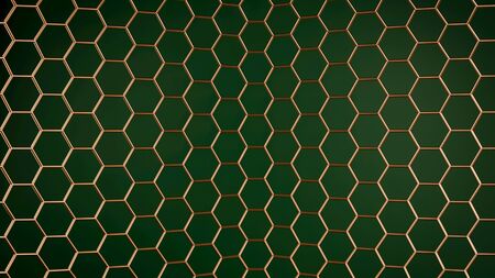 Golden honeycomb grid over blue backgorund. Copper hexagonal pattern on green backdrop. Luxurious...