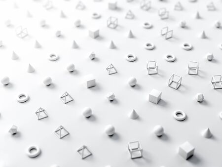 Abstract scene with spheres, cubes, pyramids and geometrical shapes on white paper background. 3d illustrationの写真素材