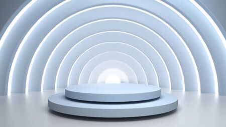 Abstract scene with round blue stage, pedestal or podium in light tunnel over blue background. Place your object or product on pedestal. 3d illustrationの写真素材