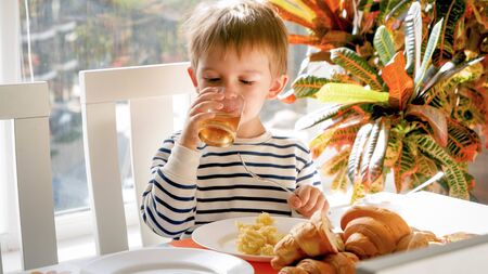 Cute 3 years old boy drinking apple juice from glass during dinner in dining roomの写真素材