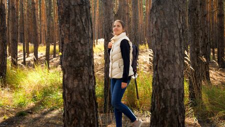 Beautiful young female tourist looking on high pine trees while walking in autumn forestの写真素材