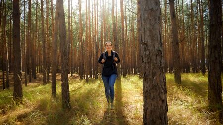 Beautiful smiling woman enjoying hiking in pine forest on sunny autumn dayの写真素材
