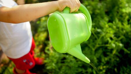 Closeup image of little boy watering flowers growing at gardenの写真素材