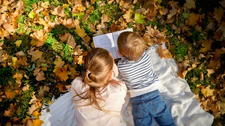 Top view photo of mother and little boy lying on blanket at autumn park and reading a bookの写真素材