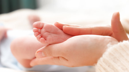 Tiny baby feet in female hands. Young mother gently touching and stroking her newborn baby legs....