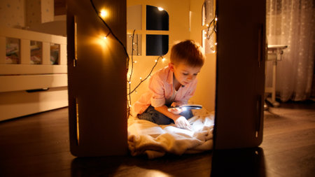 Cute little boy sitting in his toy house and reading book with magnifying glass and torch. Concept of child education and reading in dark roomの写真素材