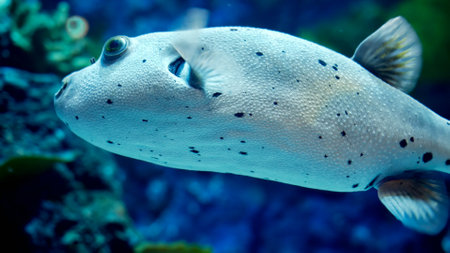 Macro shot of porcupine fish swimming in fishtank. Dangerous wild marine animal.の写真素材