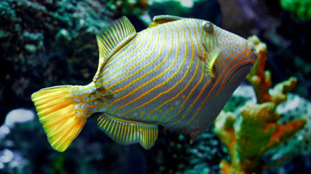 Closeup of tropical fish with yellow stripes swimming over the coral reef.
