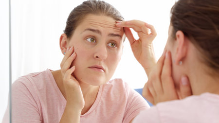Brunette woman looking at her reflection in mirror and finding wrinkles on forehead.の写真素材